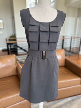 Laundry By Shelli Segal Charcoal Pleated Front Belted Sheath Dress
